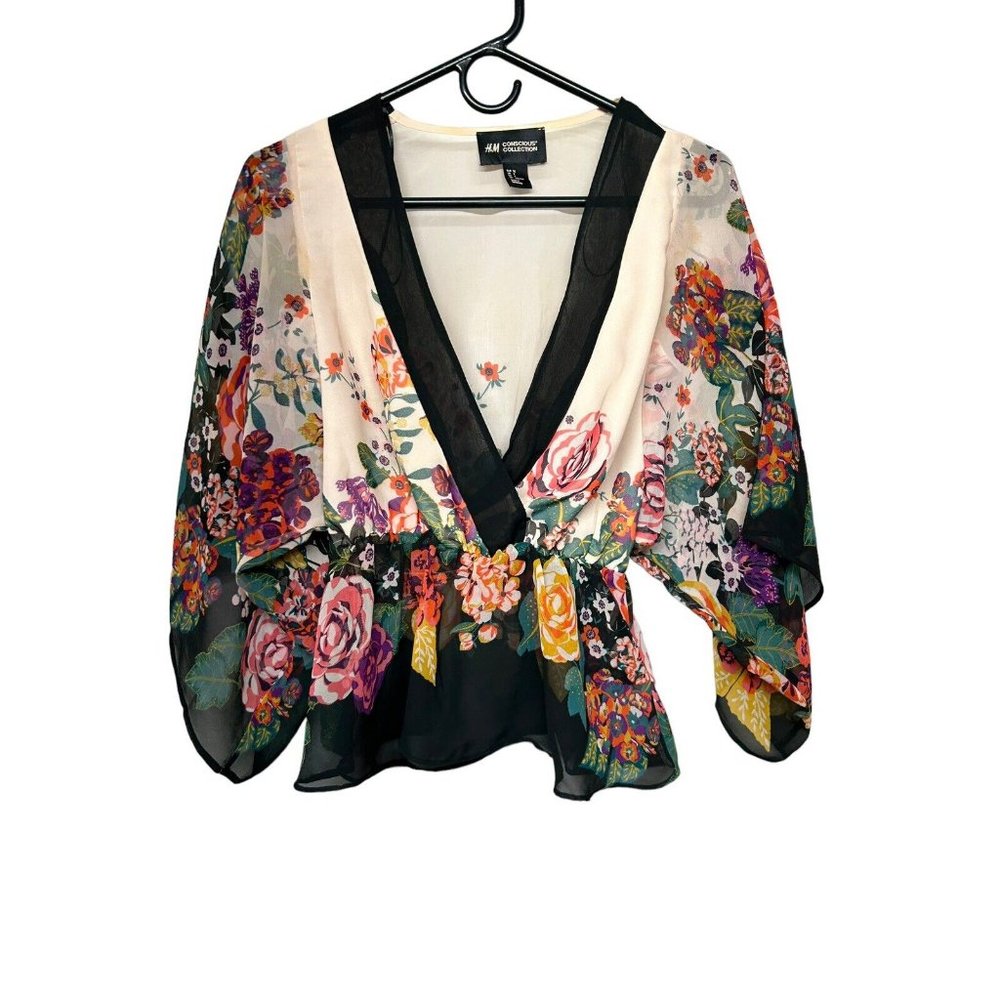 H&M Womens Shirt Sheer Blouse Crop Top Floral Size 2 V-Neck Long Sleeve Beige 2